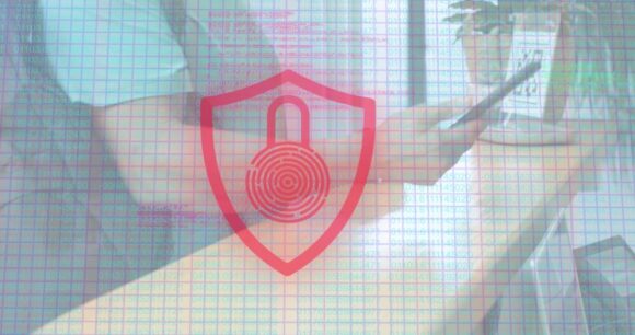An image of someone typing on their cell phone, with a graphic of a lock inside a shield superimposed on top of it